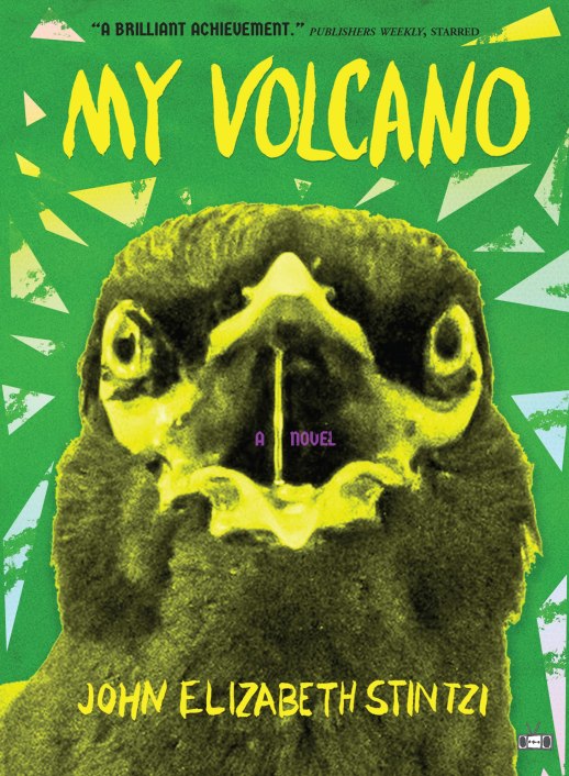 My Volcano by John Elizabeth Stintzi indie book cover featuring a hawk staring on a green background