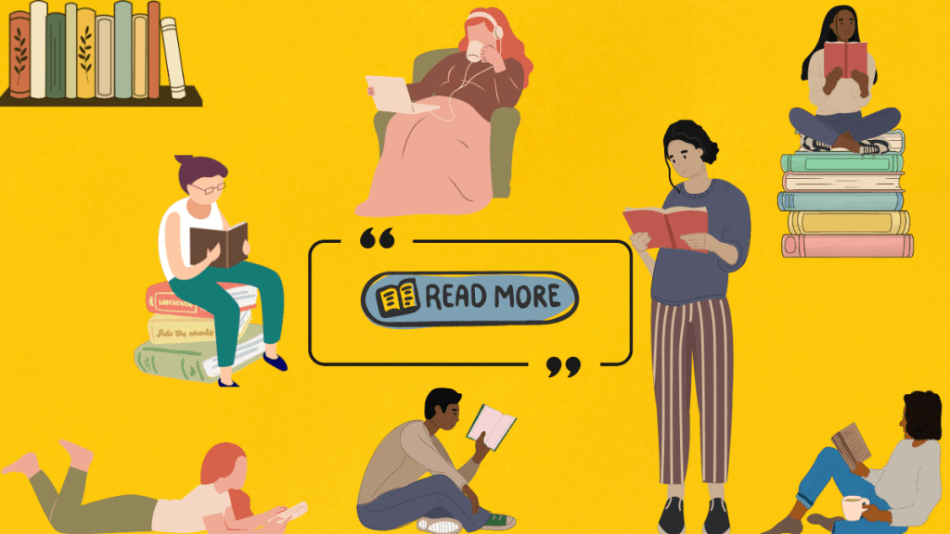 quotes about reading featured photo with people reading on a yellow background